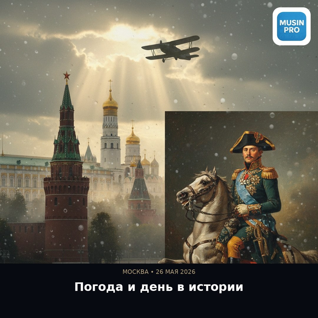 🌧 Москва, 26 мая. Дождь и история  Сегодня в Москве облачно, +13°…+16°, слабый д